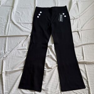 Betabrand Black Flared Pants with White Button Accents